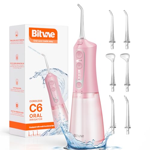 Bitvae C6 Water Dental Flosser Teeth Picks Portable Cordless Oral Irrigator IPX7 Waterproof Braces Flossers Cleaner 5 intensities 6 Jet Tips Rechargeable Water Dental Picks for Cleaning Pink